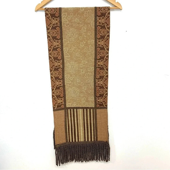 Chriss Madden Table Runner Brocade Braided Tassel Fringe Green Brown 13 X 58" - Picture 1 of 12